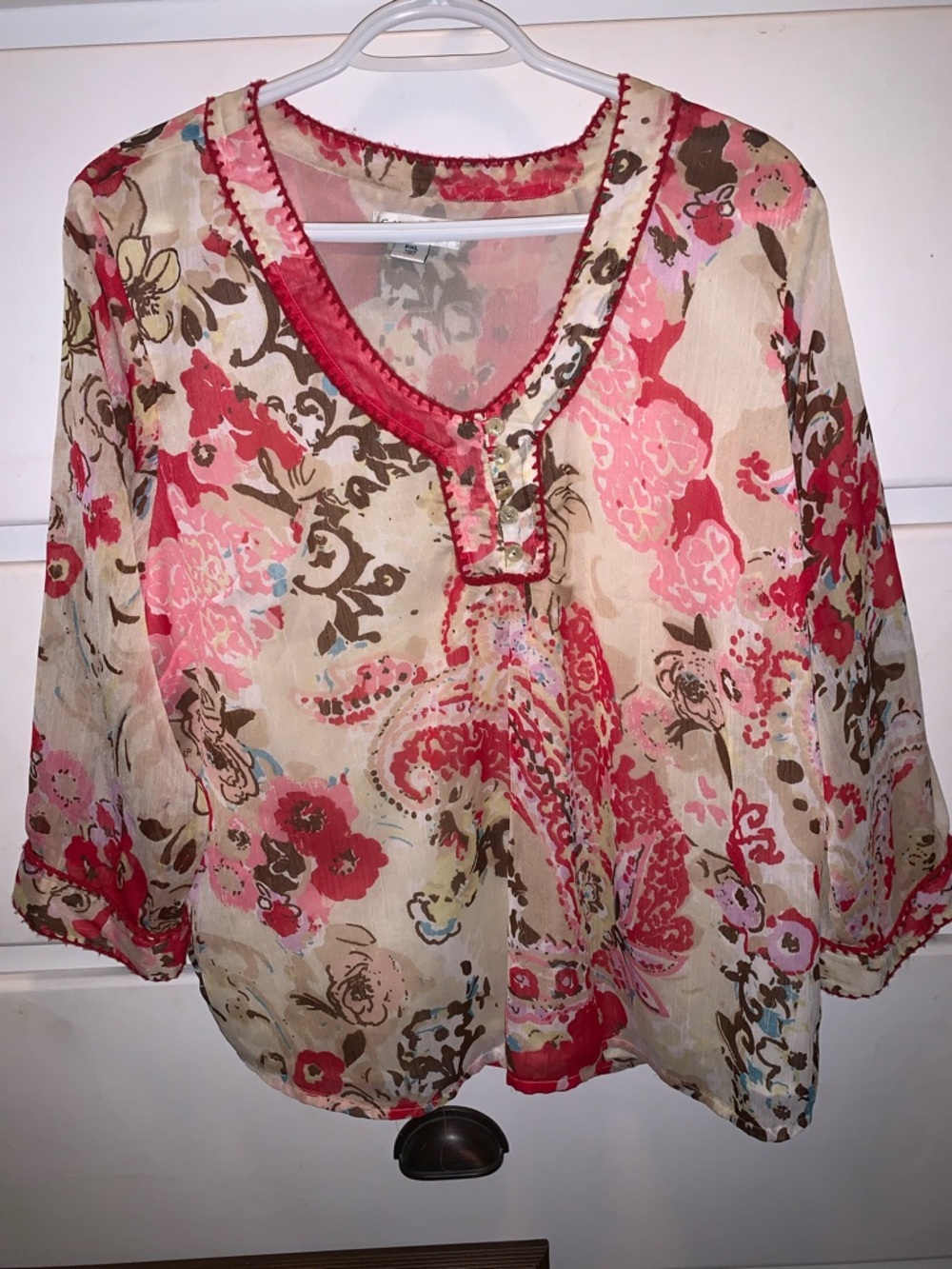 Coldwater Creek Cream and Pink Floral V-Neck Tunic